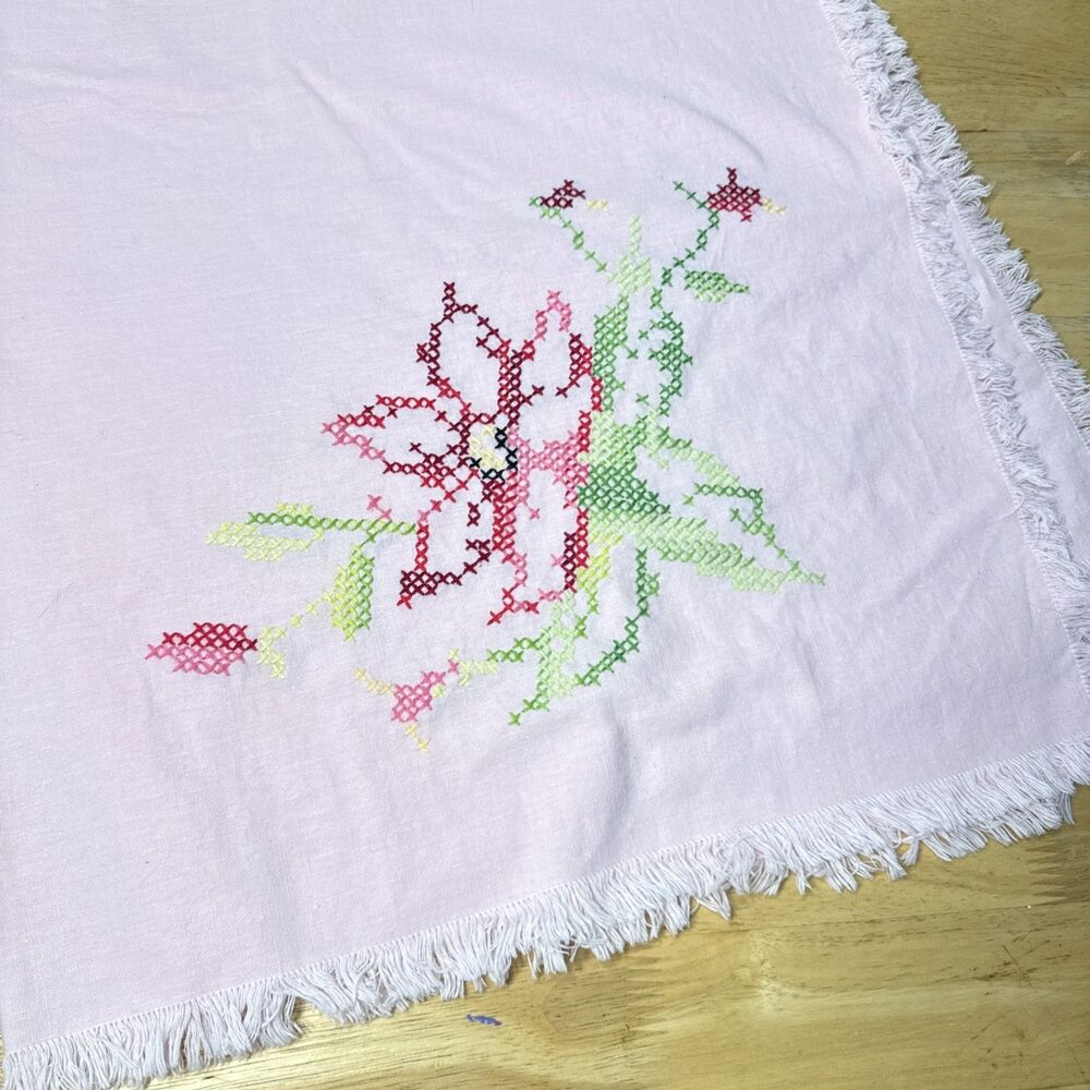 Vintage Hand Embroidered Pink Floral Cross Stitch Square Tablecloth 34”x35”